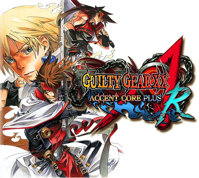 the logo and promotional art for Guilty Gear XX Accent Core Plus R. it features the logo to the right, which displays the title in yellow, red, and blue gradient text, with blue flames and heavy chains. to the left is art of three characters. at the top is the main protagonist, Sol Badguy, who is muscular with long brown hair and red clothes. to the far left is a headshot of Ky Kiske, the secondary protagonist. he is fair skinned with short blond hair. at the bottom is the largest drawing, which is of Sol wearing his Holy Order uniform, which features red and white fabric and lots of belts. he is facing the viewer, holding a large sword with a grin